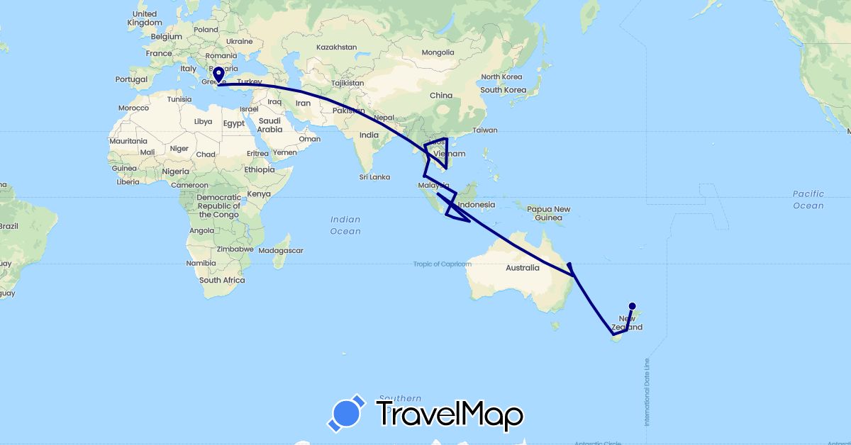 TravelMap itinerary: driving in Australia, Greece, Indonesia, Cambodia, Laos, Malaysia, New Zealand, Singapore, Thailand, Vietnam (Asia, Europe, Oceania)